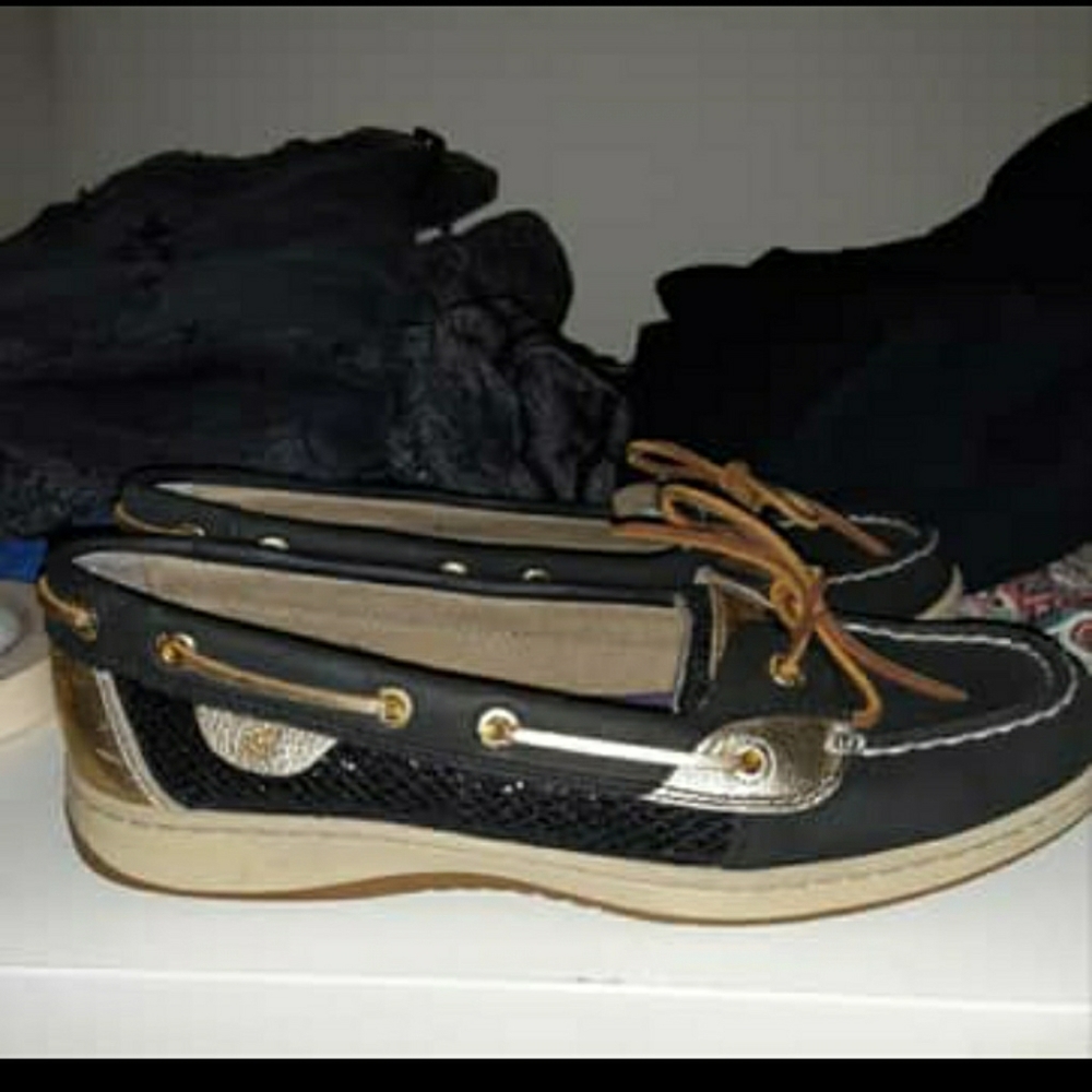 Womens Sperry Top Slider Black and Gold Slip-ons